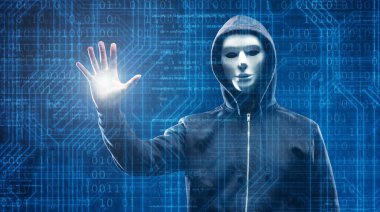 Bilgisayar Programları ve İkili Kod Elementleri ile Soyut Dijital Arkaplan Üzerinde Hacker. Veri hırsızlığı, internet dolandırıcılığı, darknet ve siber güvenlik kavramı.