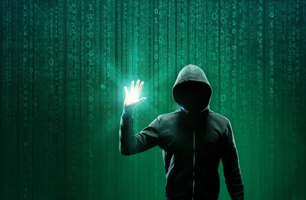 Wanted Hacker is Coding Virus Ransomware Using Abstract Binary Code. Cyberattack, System Breaking and Malware Concept. — Stock Photo, Image