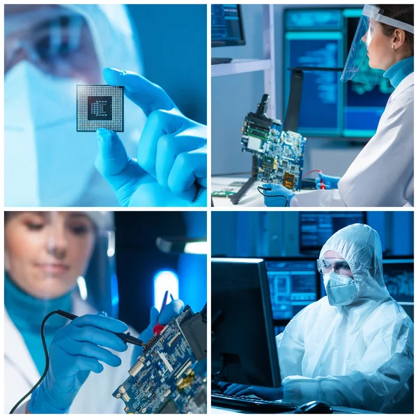 Mikroelektroniker arbeiten in einem modernen wissenschaftlichen Labor an Computersystemen und Mikroprozessoren. Elektronikprofis in Schutzanzügen. lizenzfreie Stockfotos