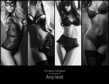 Güzel kadın çamaşırlarıyla poz. Siyah ve beyaz iç çamaşırı kolaj.