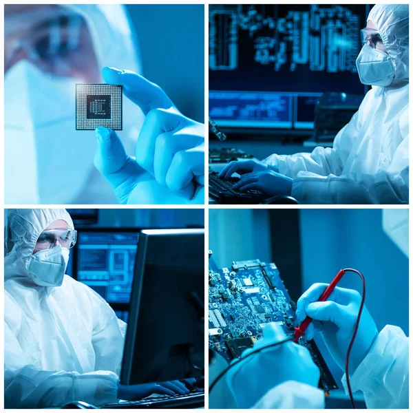 Los ingenieros de microelectrónica trabajan en un moderno laboratorio científico sobre sistemas informáticos y microprocesadores. Trabajadores profesionales de fábricas electrónicas en trajes de protección. — Foto de Stock