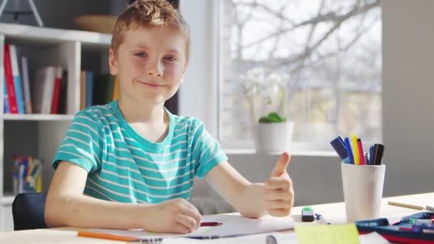 Chlapec si dělá domácí úkoly u stolu. Roztomilé dítě se učí doma pomocí učebnic a školních materiálů. Koncepce studia a vzdělávání. — Stock video
