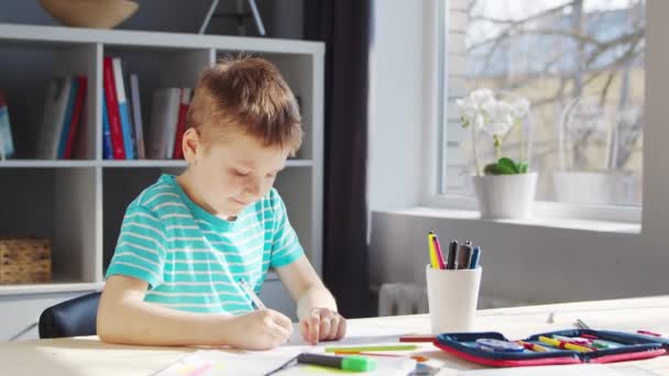 Junge erledigt seine Hausaufgaben am Tisch. Nettes Kind lernt zu Hause mit Hilfe von Lehrbüchern und Schulmaterialien. Studien- und Ausbildungskonzept. — Stockvideo