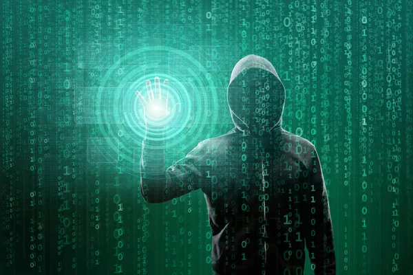 Hacker su sfondo astratto digitale con elementi di codice binario e programmi informatici. Concetto di ladro di dati, frode su Internet, darknet e sicurezza informatica. — Foto Stock