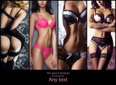 Erotik iç çamaşırlı seksi kızlar. İç çamaşırı koleksiyonu kolajı.