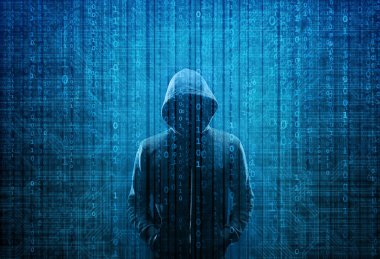 Kapüşonlu Bilgisayar Korsanı. Karanlık Surat. Hacker Attack, Virüs bulaşmış yazılım, Dark Web ve Siber Güvenlik Konsepti .