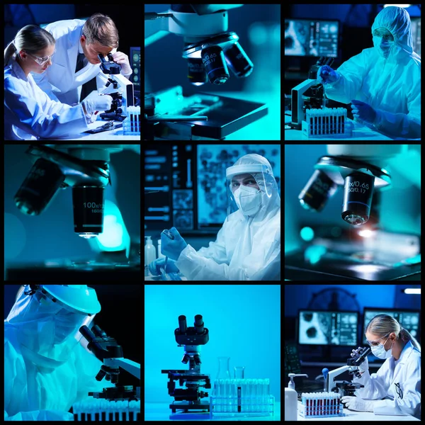 Professionella forskarlag arbetar på ett nytt vaccin i ett modernt vetenskapligt forskningslaboratorium. Genetisk ingenjör på arbetsplatsen. Framtida teknik och vetenskapskoncept. — Stockfoto