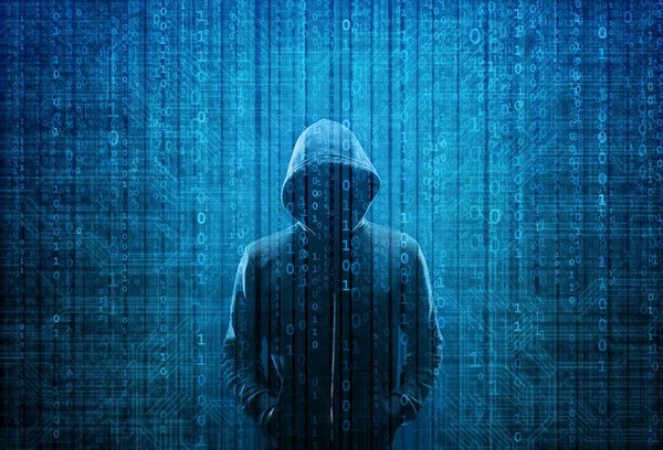 Un hacker di computer con cappuccio. Faccia Oscura e Oscura. Hacker Attack, Virus infetto software, Dark Web e Cyber Security Concept . — Foto Stock