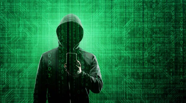 Kapüşonlu Bilgisayar Korsanı. Karanlık Surat. Hacker Attack, Virüs bulaşmış yazılım, Dark Web ve Siber Güvenlik Konsepti . — Stok fotoğraf