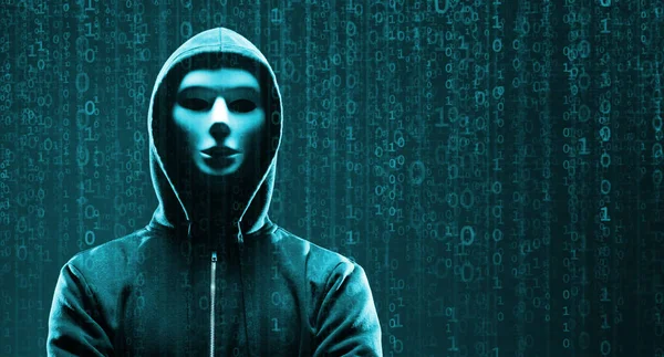 Computer Hacker con capucha. Cara oscura oscurecida. Ataque del hacker, software infectado por virus, Web oscura y concepto de seguridad cibernética . —  Fotos de Stock