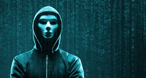 Un hacker di computer con cappuccio. Faccia Oscura e Oscura. Hacker Attack, Virus infetto software, Dark Web e Cyber Security Concept . — Foto Stock