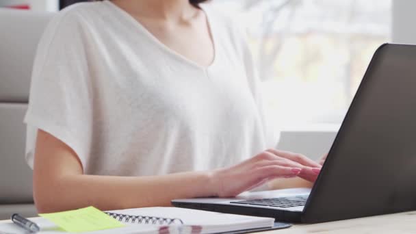 Jonge vrouw werkt bij Binnenlandse Zaken met behulp van de computer. Werkplaats van vrouwelijke ondernemer, freelancer of student. Concept telewerken en onderwijs. — Stockvideo