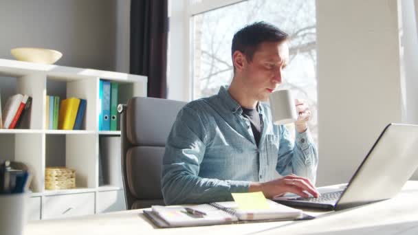 Jonge mannelijke ondernemer werkt op kantoor thuis aan de computer. Werkplaats van freelancer of student. Het begrip "telewerk en onderwijs". — Stockvideo