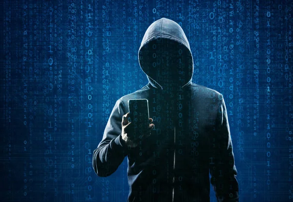 Computer-Hacker im Kapuzenpulli. Dunkles Gesicht. Hackerangriff, Virus infizierte Software, Dark Web und Cyber-Sicherheitskonzept . — Stockfoto