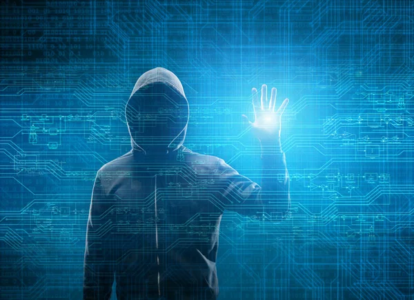 Un hacker di computer con cappuccio. Faccia Oscura e Oscura. Hacker Attack, Virus infetto software, Dark Web e Cyber Security Concept . — Foto Stock