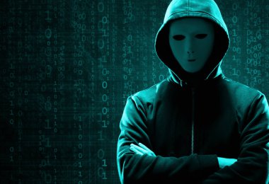 Kapüşonlu Bilgisayar Korsanı. Karanlık Surat. Hacker Attack, Virüs bulaşmış yazılım, Dark Web ve Siber Güvenlik Konsepti .