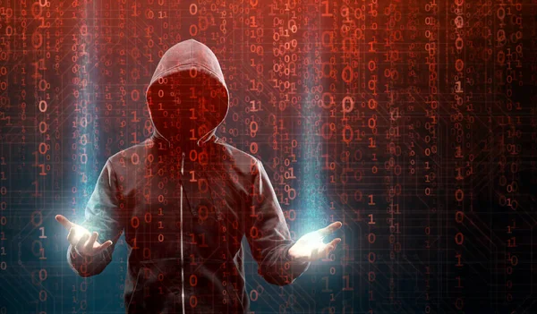 Hacker de computador em Hoodie. Cara Negra Obscurecida. Ataque de hackers, Software infectado por vírus, Web escura e conceito de segurança cibernética . — Fotografia de Stock