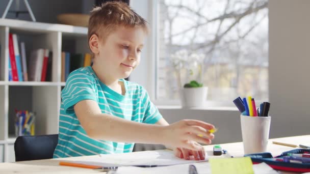 Boy está haciendo su tarea en la mesa. Lindo niño está aprendiendo en casa con la ayuda de libros de texto y materiales escolares. Concepto de estudio y educación. — Vídeo de stock