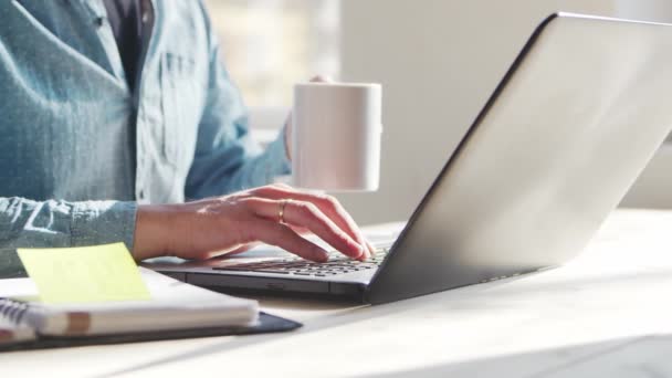 Jonge mannelijke ondernemer werkt op kantoor thuis aan de computer. Werkplaats van freelancer of student. Het begrip "telewerk en onderwijs". — Stockvideo