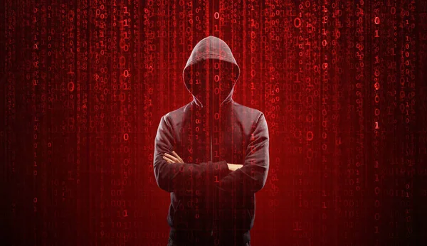 Gezocht Hacker is Coding Virus Ransomware met behulp van abstracte Binary Code. Cyberaanval, System Breaking en Malware Concept. — Stockfoto