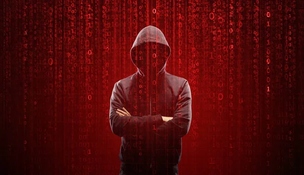 Wanted Hacker is Coding Virus Ransomware Usando o código binário abstrato. Cyberattack, quebra do sistema e conceito de malware. — Fotografia de Stock