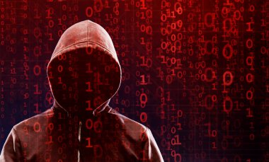 Bilgisayar Programları ve İkili Kod Elementleri ile Soyut Dijital Arkaplan Üzerinde Hacker. Veri hırsızlığı, internet dolandırıcılığı, darknet ve siber güvenlik kavramı.
