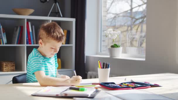 Junge erledigt seine Hausaufgaben am Tisch. Nettes Kind lernt zu Hause mit Hilfe von Lehrbüchern und Schulmaterialien. Studien- und Ausbildungskonzept. — Stockvideo