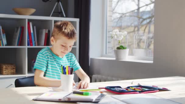 Boy fait ses devoirs à la table. Cute Child apprend à la maison à l'aide de manuels scolaires et de matériel scolaire. Concept d'étude et d'éducation. — Video