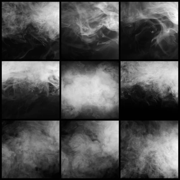 Smoke Black Background Fog Steam Abstract Texture Collage Set Collection — Stock Photo, Image
