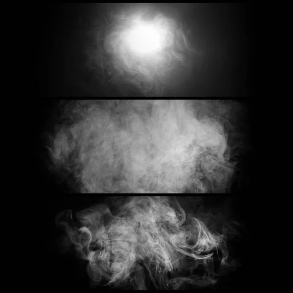 Smoke over black background. Fog or steam abstract texture collage. Set collection. — Stock Photo, Image