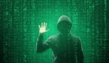 Kapüşonlu Bilgisayar Korsanı. Karanlık Surat. Hacker saldırısı, Virüs bulaşmış yazılım, Dark Web ve Siber Güvenlik kavramı.