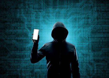 Kapüşonlu Bilgisayar Korsanı. Karanlık Surat. Hacker saldırısı, Virüs bulaşmış yazılım, Dark Web ve Siber Güvenlik kavramı.