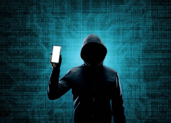 Компьютерный Хакер Худи Затемненное Темное Лицо Концепция Хакерской Атаки Зараженного — стоковое фото