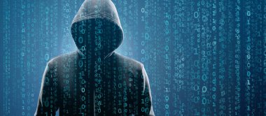 Aranan Hacker, Soyut İkili Kod kullanarak Virüs Fidye Yazılımını Kodluyor. Siber saldırı, Sistem Kırma ve Kötü Yazılım Kavramı.