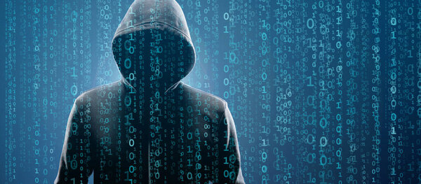 Wanted Hacker is Coding Virus Ransomware Using Abstract Binary Code. Cyberattack, System Breaking and Malware Concept.