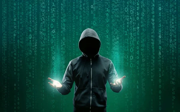 Haker Komputerowy Kapturze Zakryta Ciemna Twarz Koncepcja Ataku Hakerów Oprogramowania — Zdjęcie stockowe