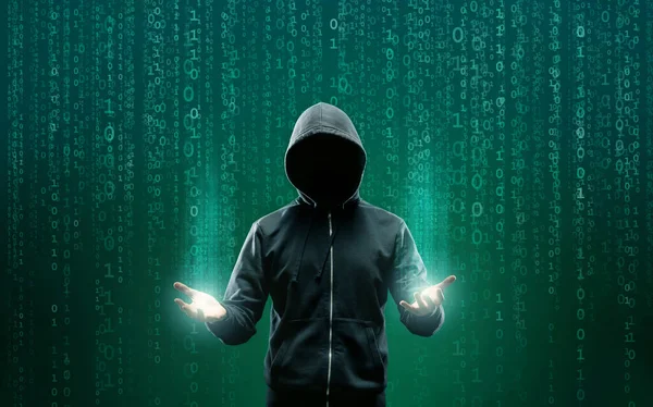 Hacker Computer Con Cappuccio Faccia Oscura Oscura Concetto Attacco Hacker — Foto Stock