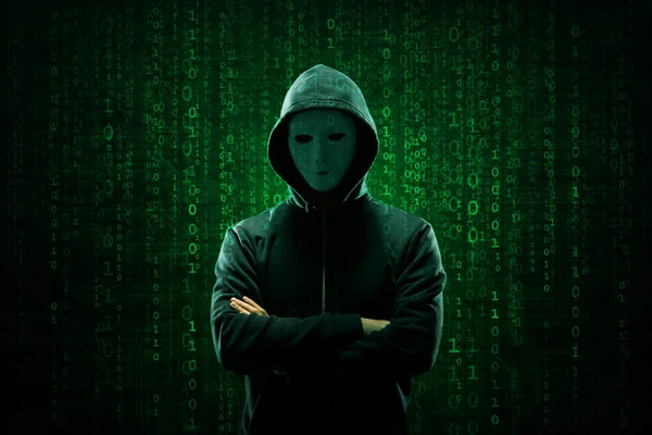 Portrét Počítačový Hacker Bílé Masce Kapucí Zakryt Snědou Tvář Údaje — Stock fotografie