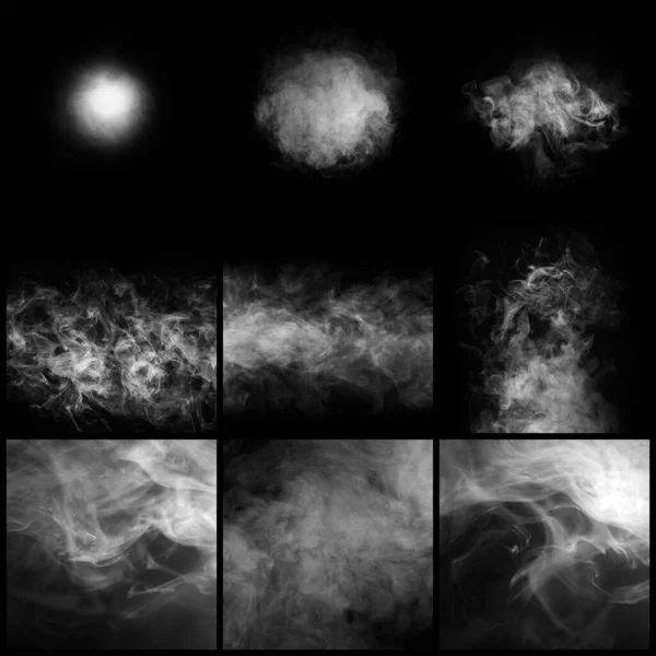 Fumo su sfondo nero. Collage di texture astratta a vapore o nebbia. Set di raccolta. — Foto Stock