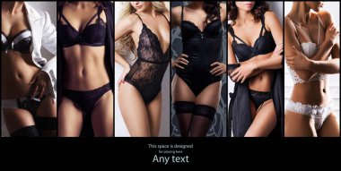 Erotik iç çamaşırlı seksi kızlar. İç çamaşırı koleksiyonu kolajı.