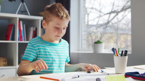 O rapaz está a fazer os trabalhos de casa na mesa. Criança Bonita está aprendendo em casa com a ajuda de livros didáticos e materiais escolares. Conceito de Estudo e Educação. — Vídeo de Stock