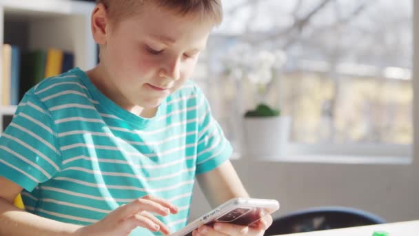 Pojken gör sina läxor vid bordet. Söta barn är att lära sig hemma med hjälp av Smartphone-enhet och skolans läroböcker utbildning. Studie- och underhållningskoncept . — Stockvideo