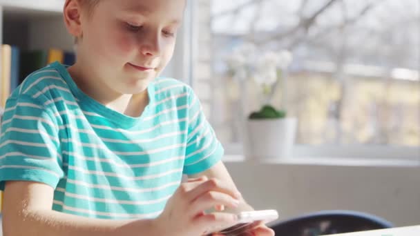 Boy fait ses devoirs à la table. Cute Child apprend à la maison à l'aide d'un téléphone intelligent et de manuels scolaires. Concept d'étude et de divertissement . — Video