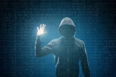 Kapüşonlu Bilgisayar Korsanı. Karanlık Surat. Hacker Attack, Virüs bulaşmış yazılım, Dark Web ve Siber Güvenlik Konsepti .