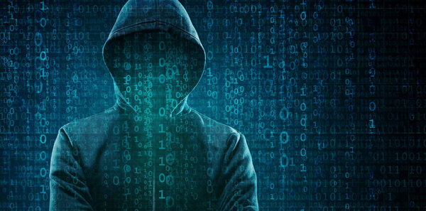 Computer Hacker in Hoodie. Obscured Dark Face. Hacker Attack, Virus Infected Software, Dark Web and Cyber Security Concept .