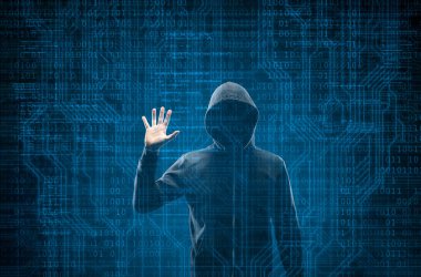 Aranan Hacker, Soyut İkili Kod kullanarak Virüs Fidye Yazılımını Kodluyor. Siber saldırı, Sistem Kırma ve Kötü Yazılım Kavramı.