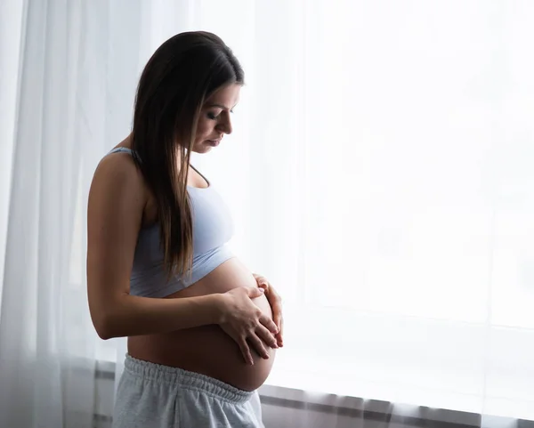 Jovem grávida está descansando em casa e esperando um bebê. Gravidez, maternidade, cuidados de saúde e estilo de vida conceito. — Fotografia de Stock