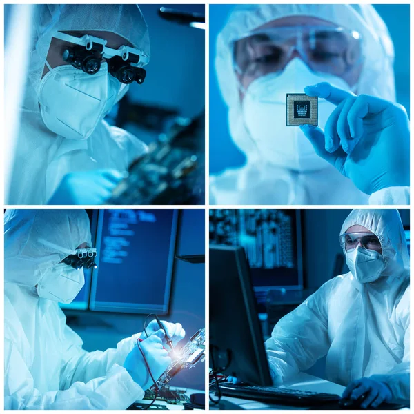 A mikroelektronikai mérnökök egy modern tudományos laboratóriumban dolgoznak számítástechnikai rendszereken és mikroprocesszorokon. Professzionális elektronikus gyári munkások védőöltözetben. — Stock Fotó