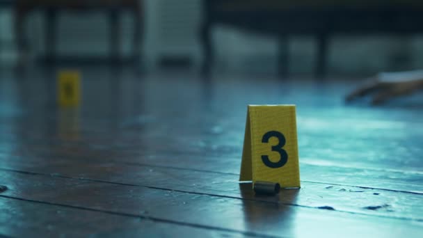 Closeup of a Crime Ccene in a Deceased Persons Home. Dead man, Police Line, Clues and Evidence. Serial Killer and Detective Investigation Concept. — Vídeos de Stock