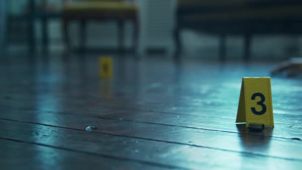 Closeup of a Crime Scene in a Deceased Persons Home. Dead man, Police Line, Clues and Evidence. Serial Killer and Detective Investigation Concept. — Stock videók